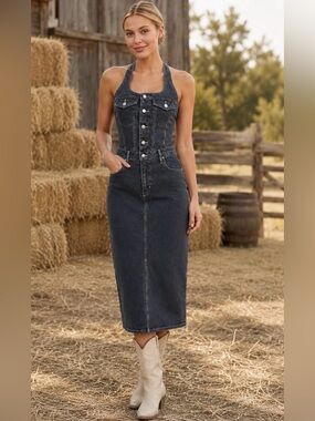 NWT Denim Halter Midi Dress Button Front Open Back Universal Thread Size 6